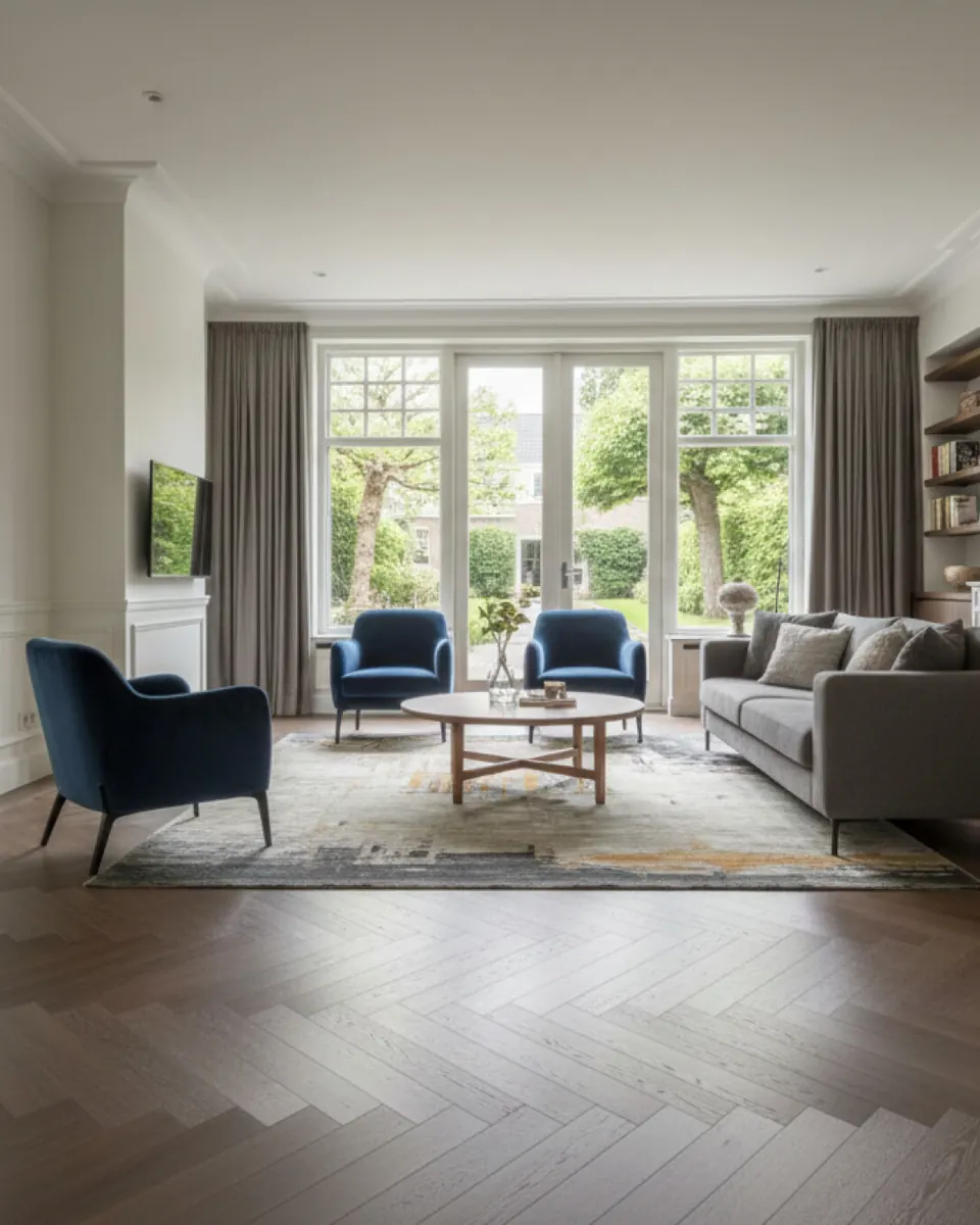 Donkere visgraatvloer in een woonkamer met erker